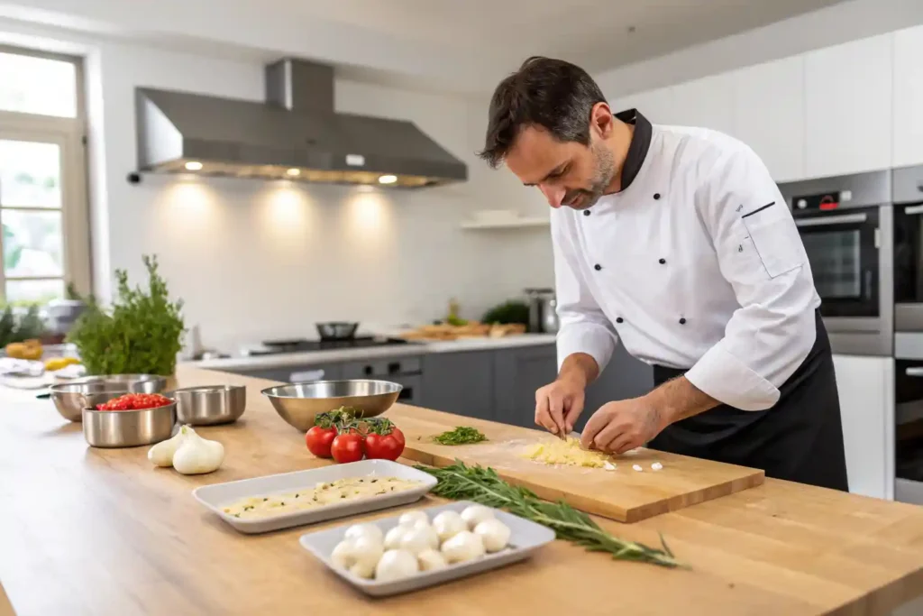 Chef preparing gigli pasta in a modern kitchen