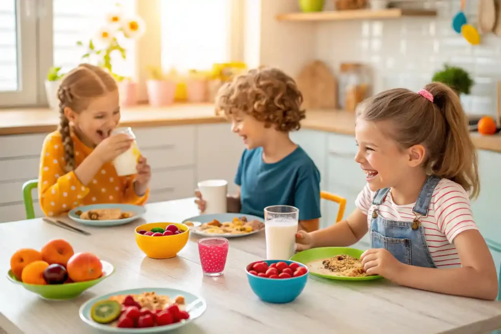 Children enjoying a healthy breakfast with cereals and fruits