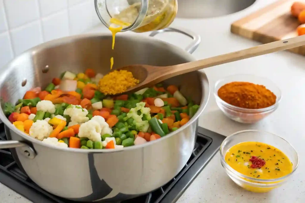 Chopped vegetables being cooked in a brine for chow chow relish.