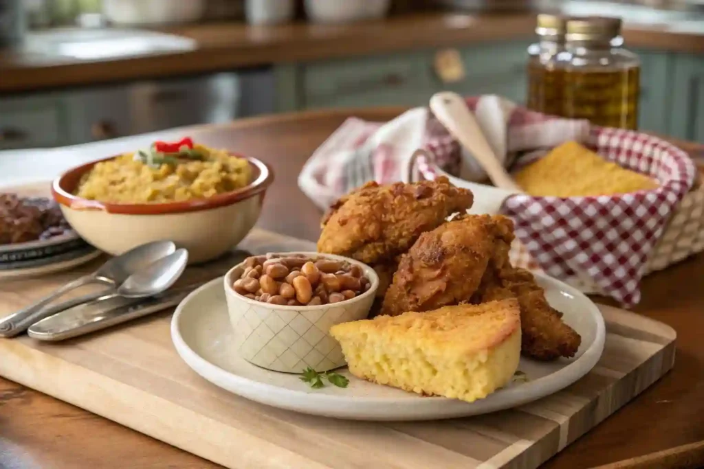 Chow chow recipe relish served with cornbread, beans, and fried chicken in a Southern-style meal.