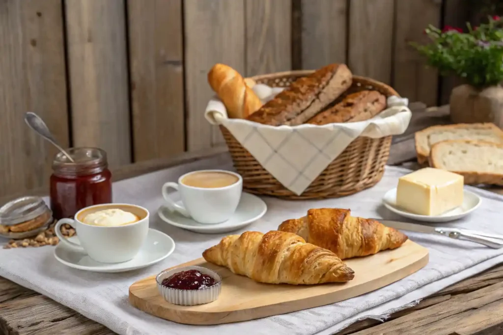 Classic French breakfast spread with croissants, baguettes, and café au lait