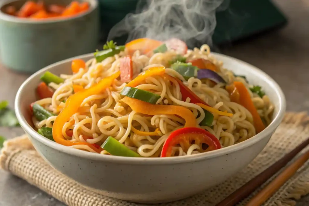 Close-up of cup noodles stir fry with vegetables