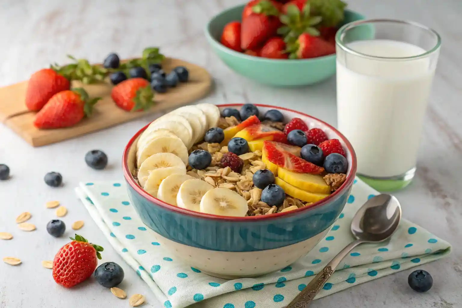 Colorful breakfast bowl with healthy cereals and fresh fruits for kids