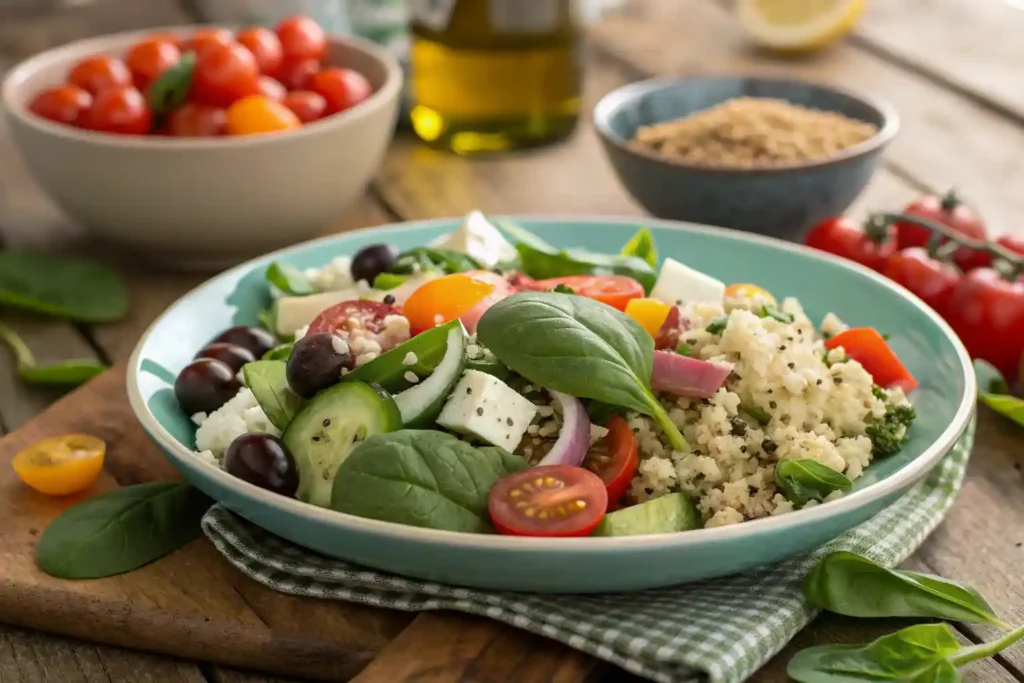 Colorful fresh salads including Greek salad, spinach salad, and quinoa salad served on a rustic wooden table