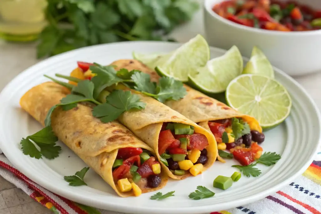 Colorful healthy enchiladas filled with vegetables and garnished with cilantro and lime