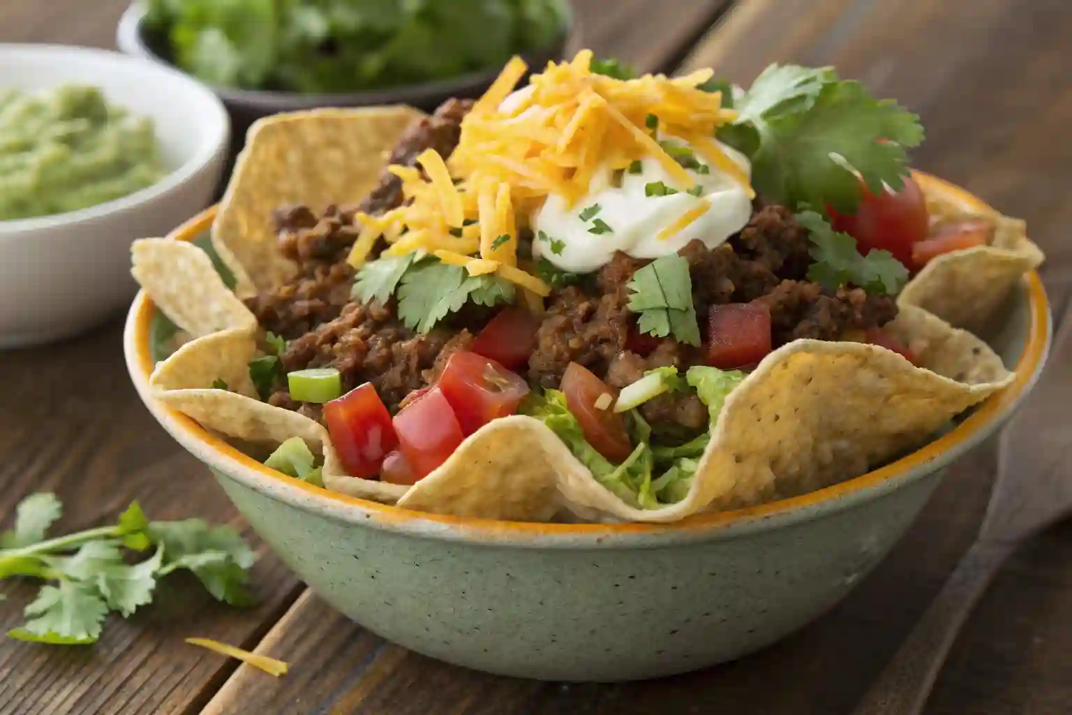 Colorful taco bowl with ground beef, lettuce, tomatoes, cheese, and guacamole.