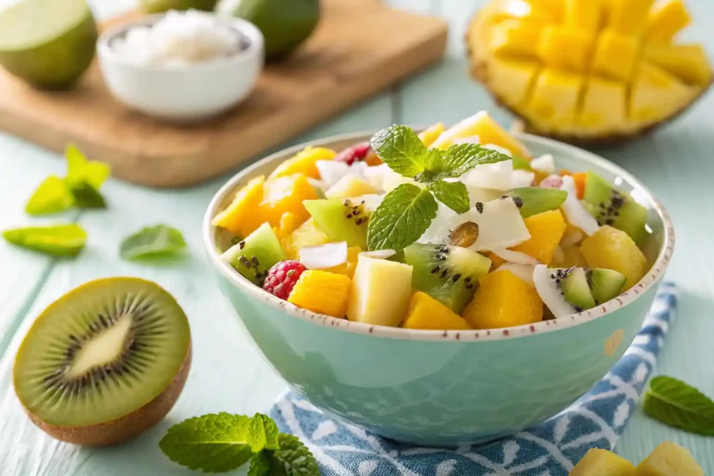 "A vibrant bowl of tropical fruit salad featuring mango, kiwi, and coconut, garnished with fresh mint leaves