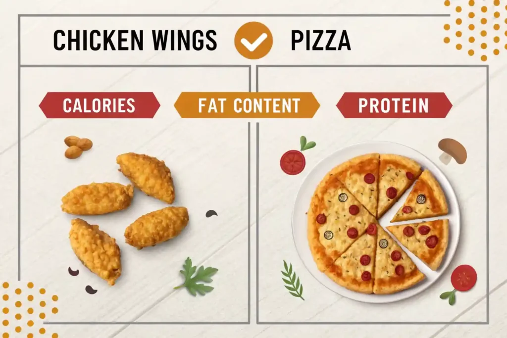 Comparison chart of chicken wings and pizza showing calories, fat content, and protein