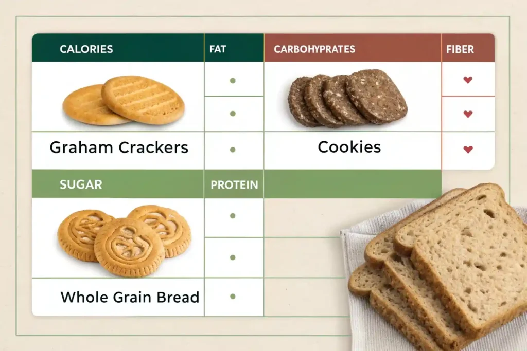 Comparison chart of graham crackers, cookies, and whole grain bread showing nutritional values