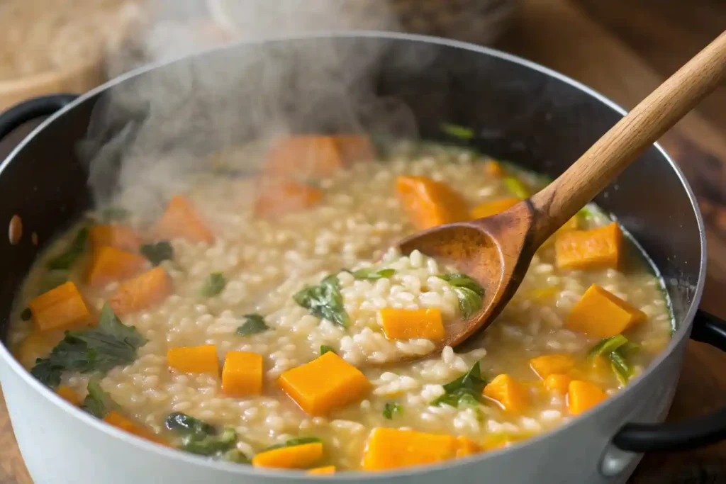 Cooking pumpkin risotto with Arborio rice and broth