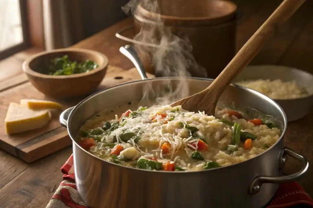 Creamy risotto being stirred in a pot