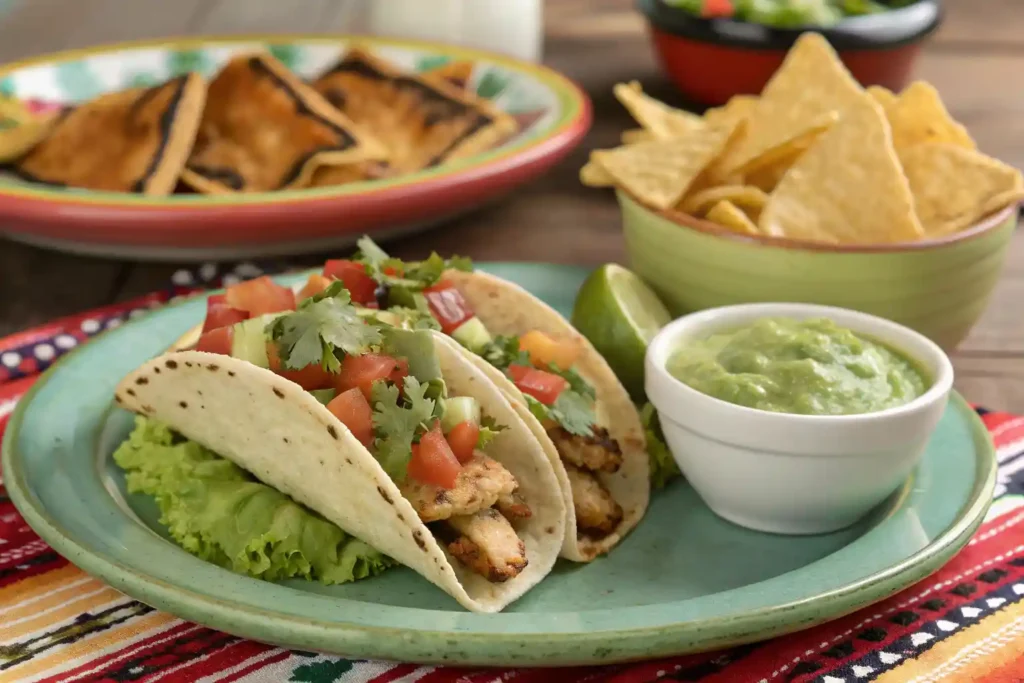 Tacos and nachos topped with green taco sauce