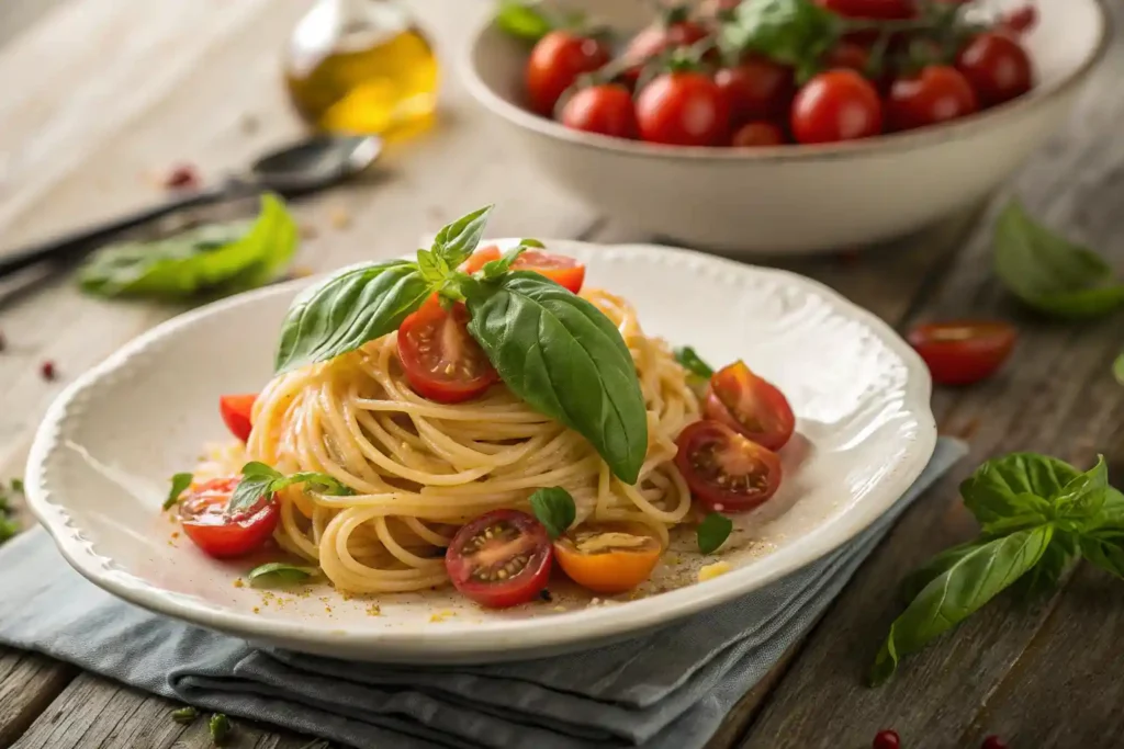 Chitarra pasta with basil and cherry tomatoes