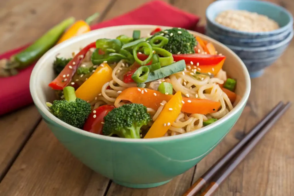 Bowl of colorful cup noodles stir fry with vegetables