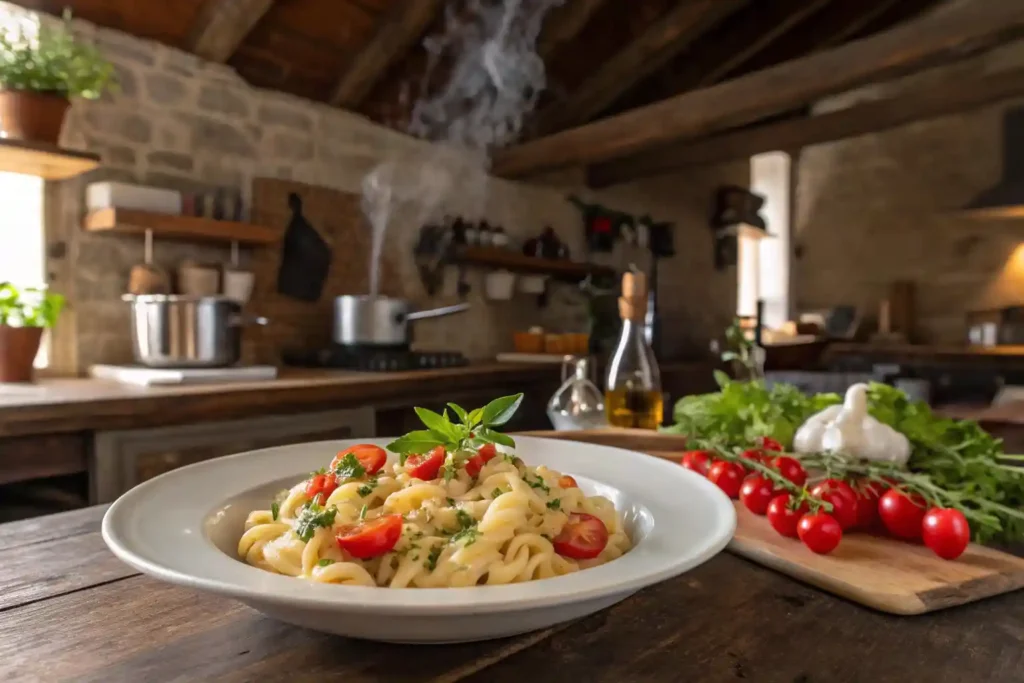 Gigli pasta with creamy sauce and cherry tomatoes