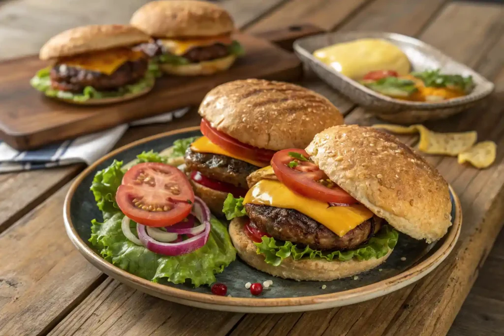 Grilled frozen burgers with fresh toppings