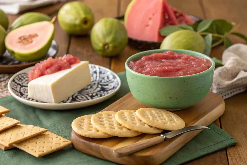 Guava paste spread on crackers with fresh guavas