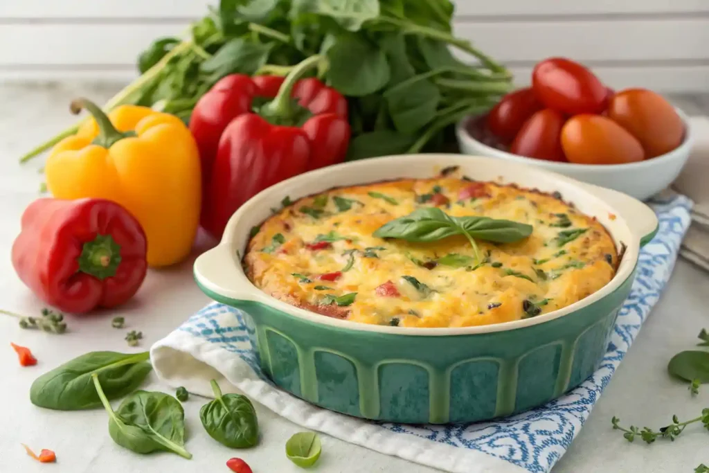 Delicious gluten-free breakfast casserole in a baking dish with fresh herbs and vegetables