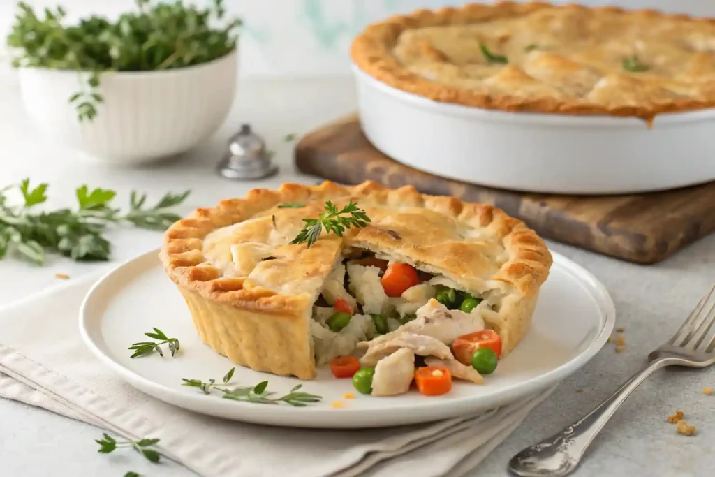 Delicious healthy chicken pot pie filled with shredded chicken and vegetables