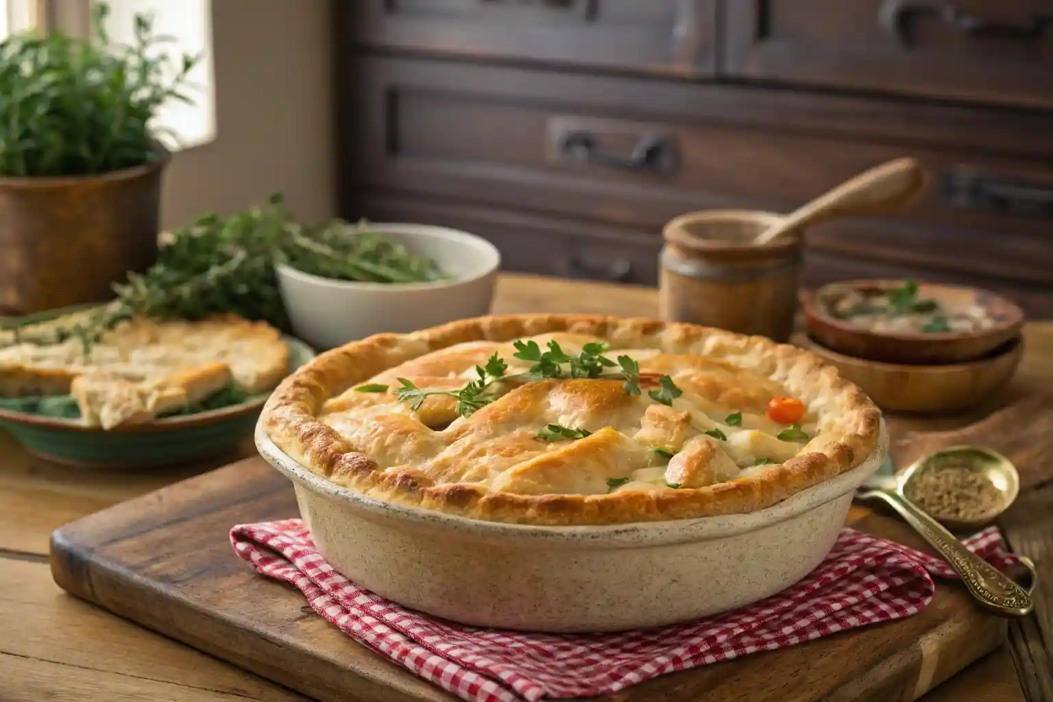 Deliciously baked healthy chicken pot pie, ready to serve