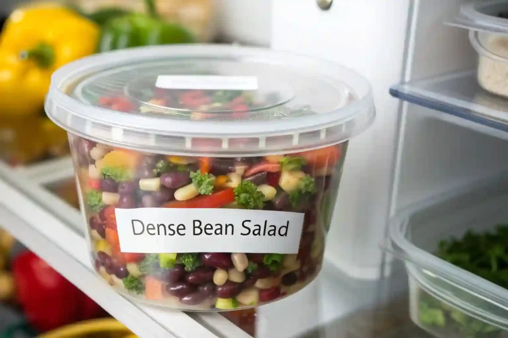 Dense bean salad stored in an airtight container in the fridge