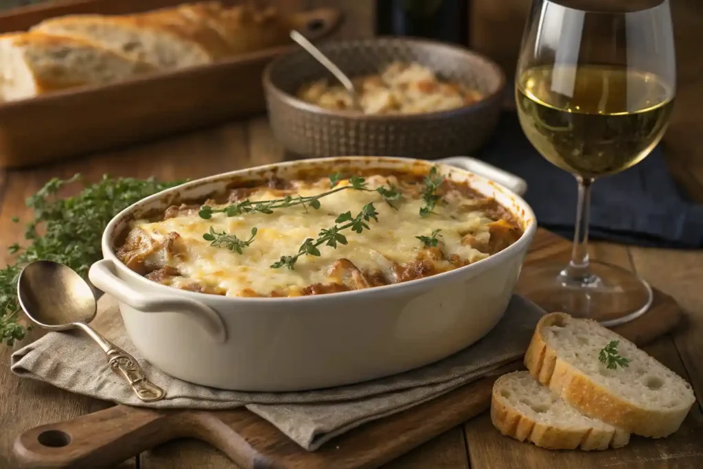 Family-style French onion soup rice in a casserole dish