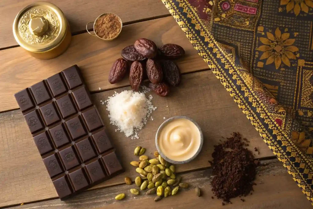 Ingredients for a Dubai chocolate bar: dark chocolate, tahini, dates, pistachios, saffron, and sea salt