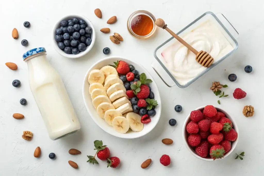 Flat lay of ingredients for an easy healthy ice cream recipe, including bananas, almond milk, Greek yogurt, and berries