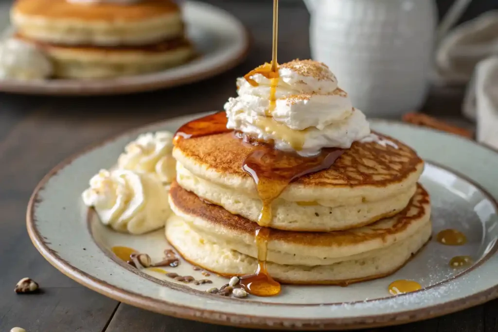 Fluffy buttermilk pancakes with syrup and whipped cream