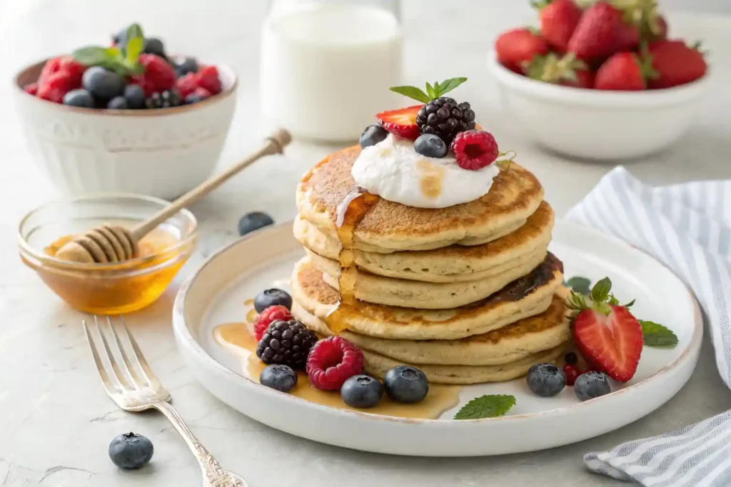 Fluffy whole grain pancakes topped with fresh berries and Greek yogurt