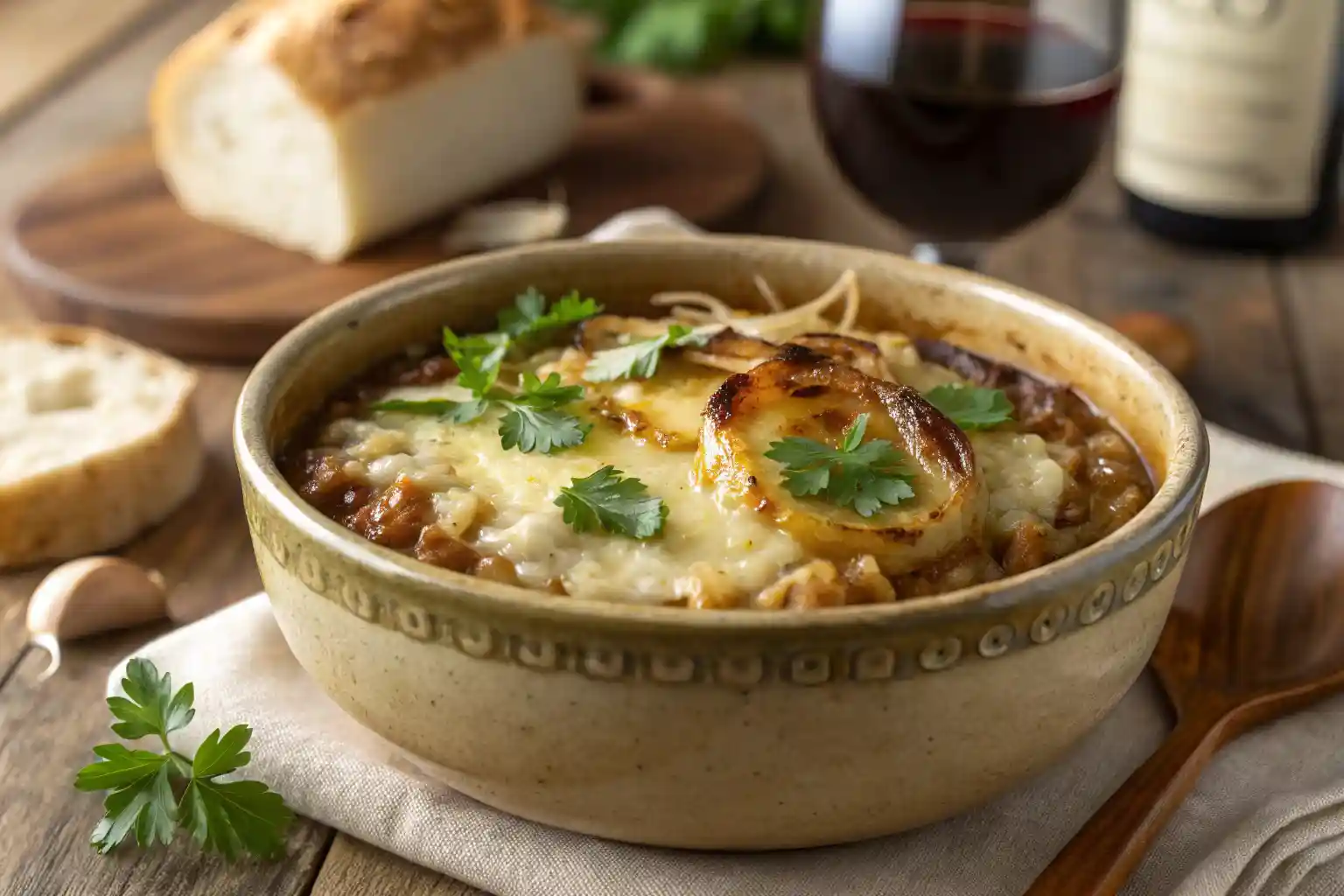 French onion soup rice with caramelized onions and melted cheese