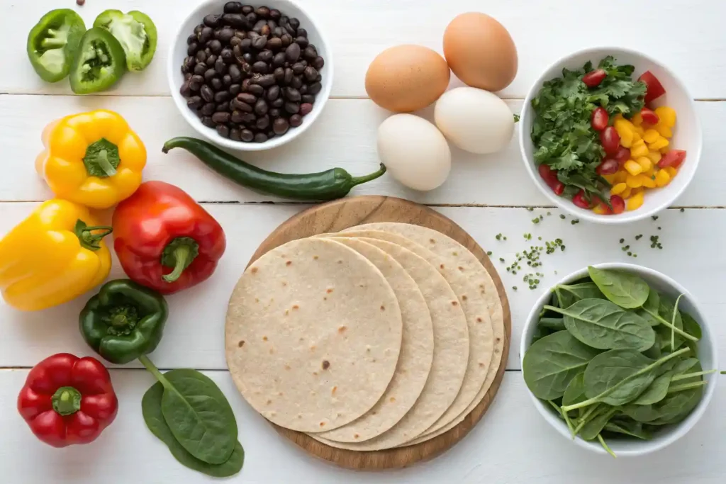 Fresh ingredients for a healthy breakfast burrito including tortillas, eggs, beans, and vegetables