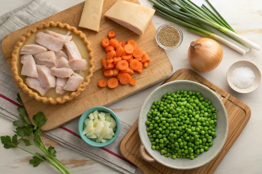 Fresh ingredients for a healthy chicken pot pie, including chicken, vegetables, and herbs