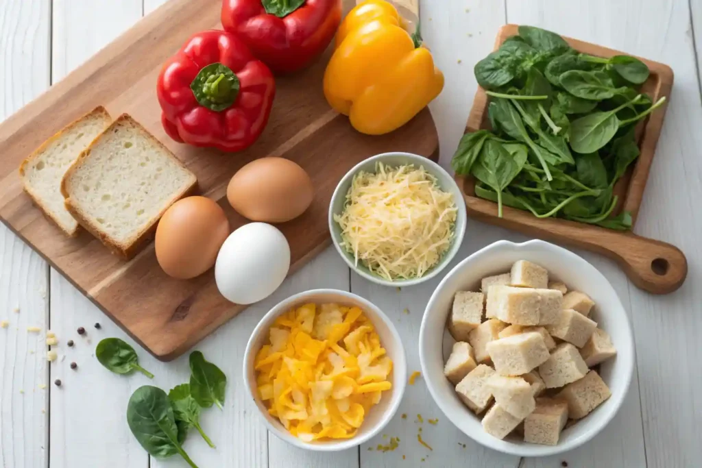 Fresh ingredients for gluten-free breakfast casserole including eggs, spinach, and gluten-free bread