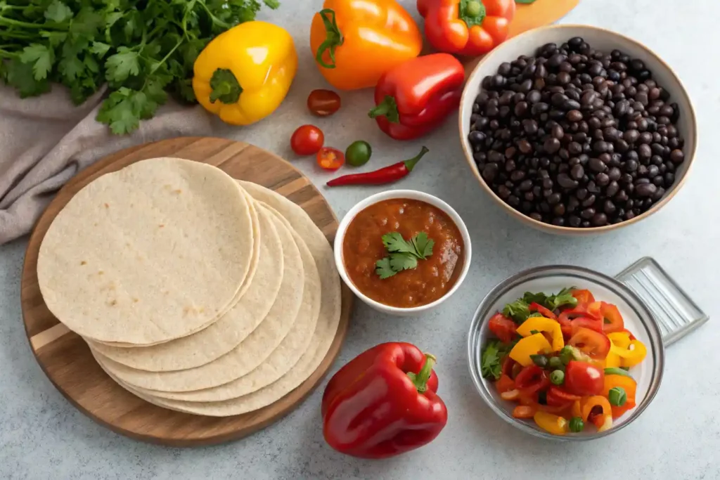 Fresh ingredients for healthy enchiladas including tortillas, beans, and vegetables