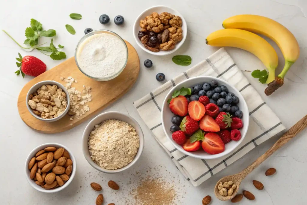 Fresh ingredients for healthy protein desserts including oats, protein powder, fruits, and nuts