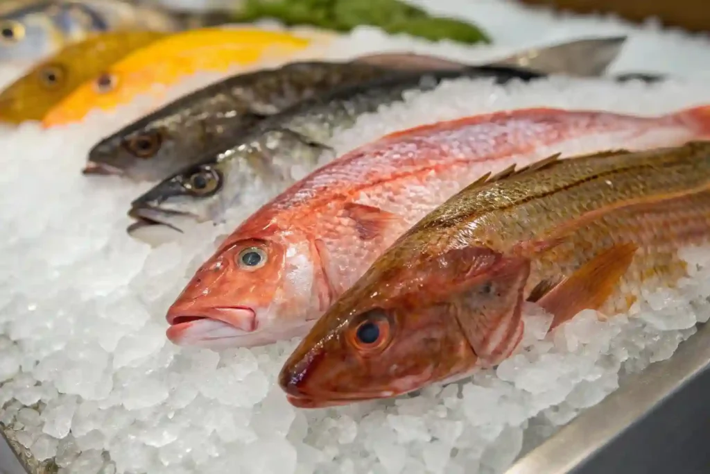 Fresh rockfish fillets on ice