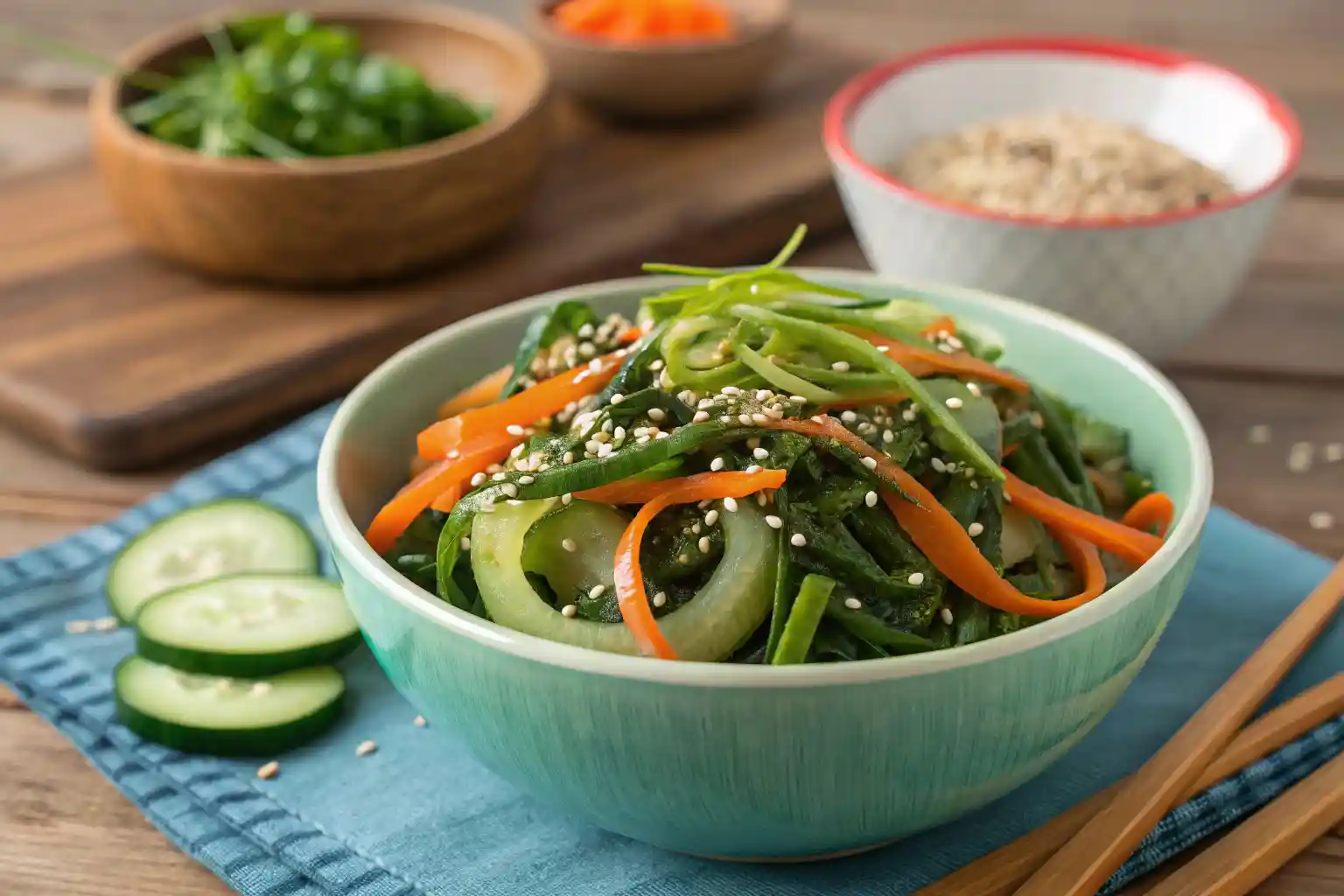 Fresh seaweed salad with vegetables and sesame seeds