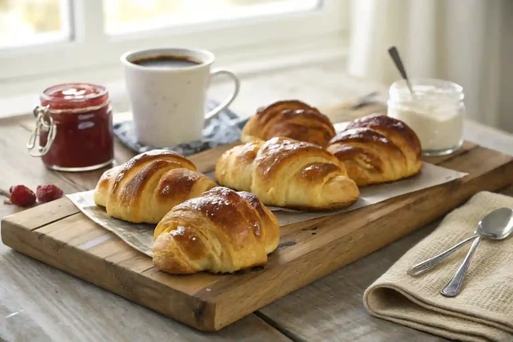 Freshly baked Swiss gipfeli pastries on a wooden board with a cup of coffee and jam.