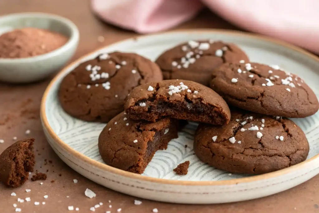 Freshly baked healthy chocolate cookies on a plate, showcasing their chewy texture and garnished with sea salt