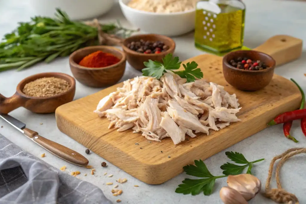 Freshly shredded chicken on a cutting board with herbs and spices