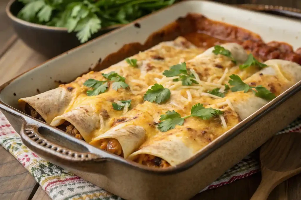 Delicious frozen burrito casserole topped with cheese and cilantro