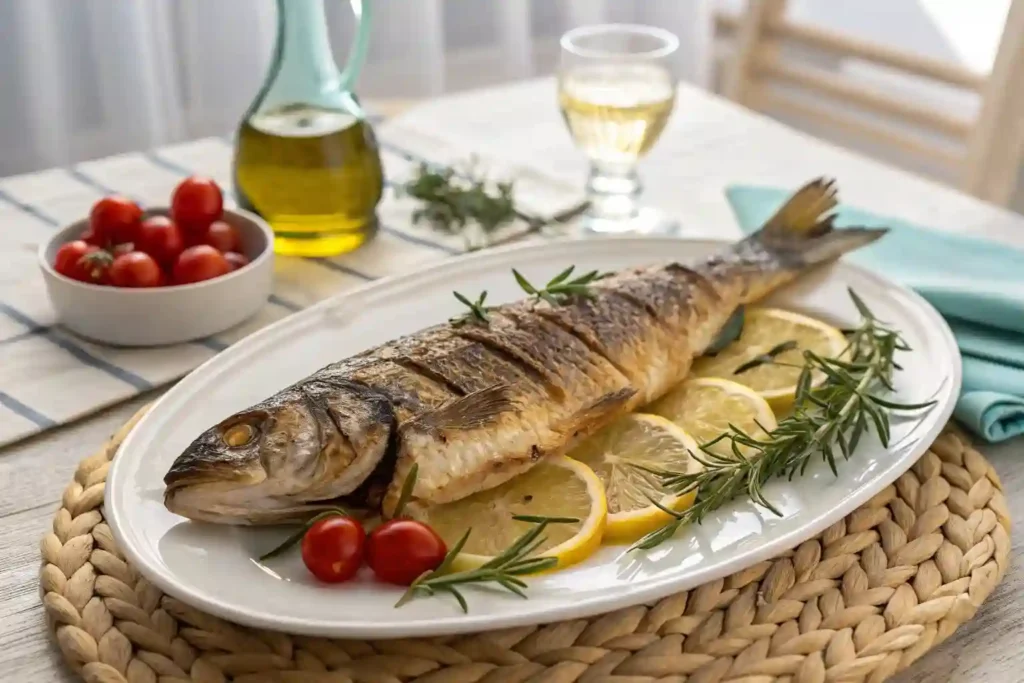 Oven-roasted branzino with crispy skin, garnished with lemon, rosemary, and cherry tomatoes, served on a white plate