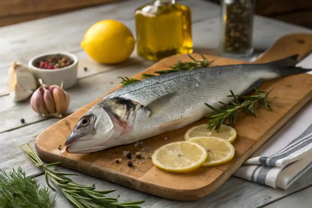 Whole branzino fish on a cutting board with fresh ingredients like lemon, garlic, and rosemary, ready for cooking