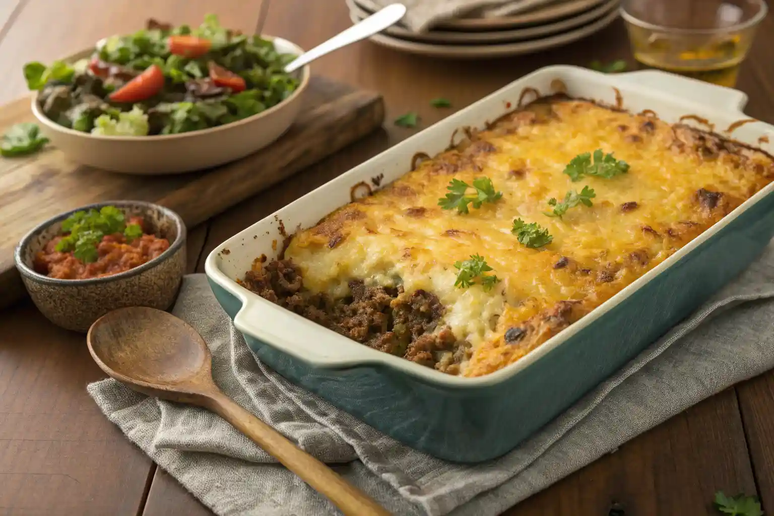 Ground beef and hash brown casserole baked to golden perfection.