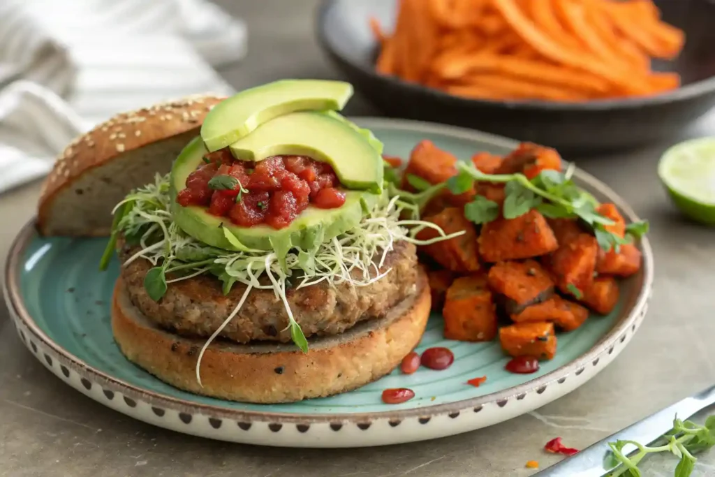 Healthy burger topped with avocado, sprouts, and salsa, served with sweet potato fries