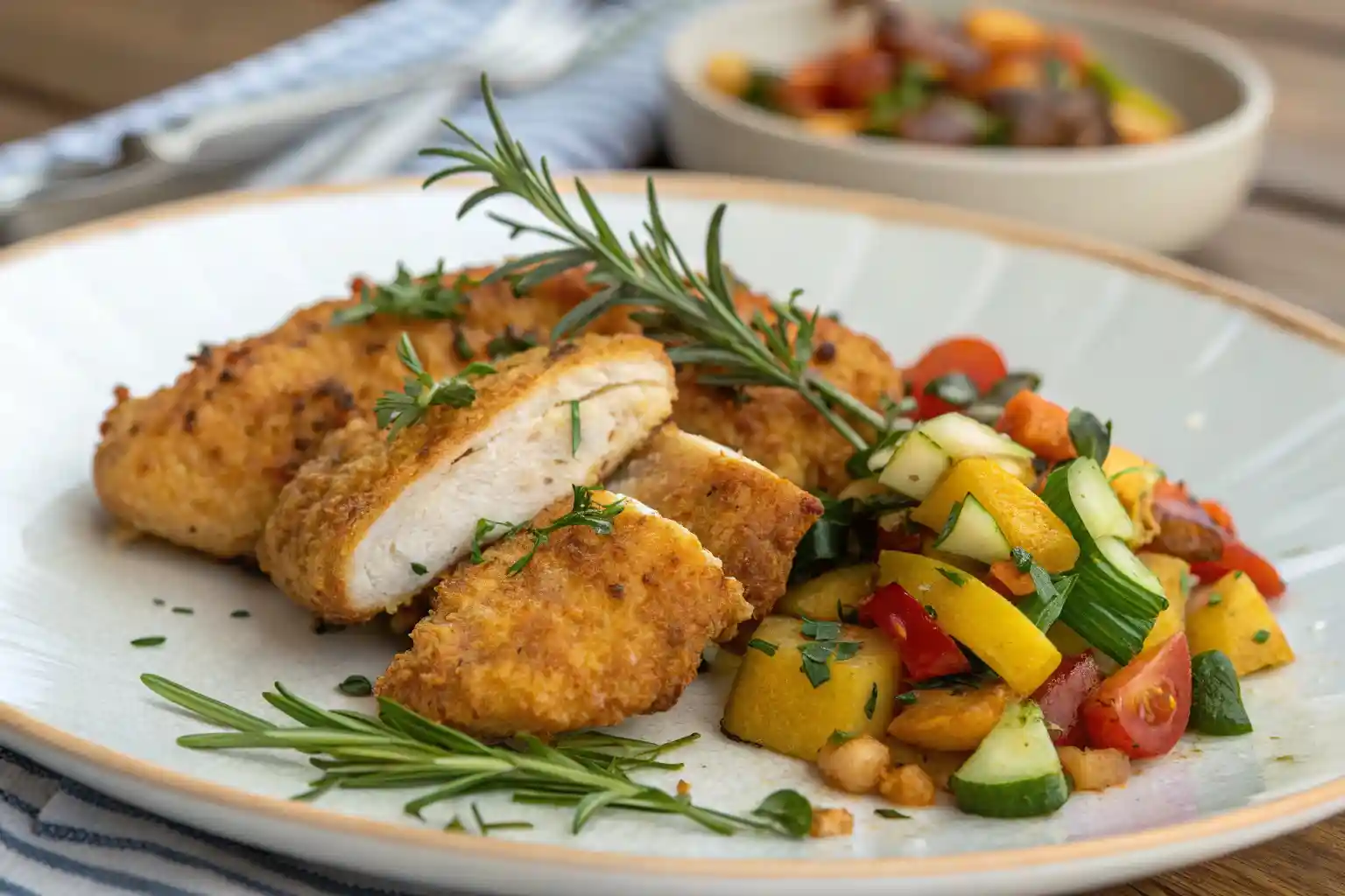 Healthy fried chicken served with vegetables