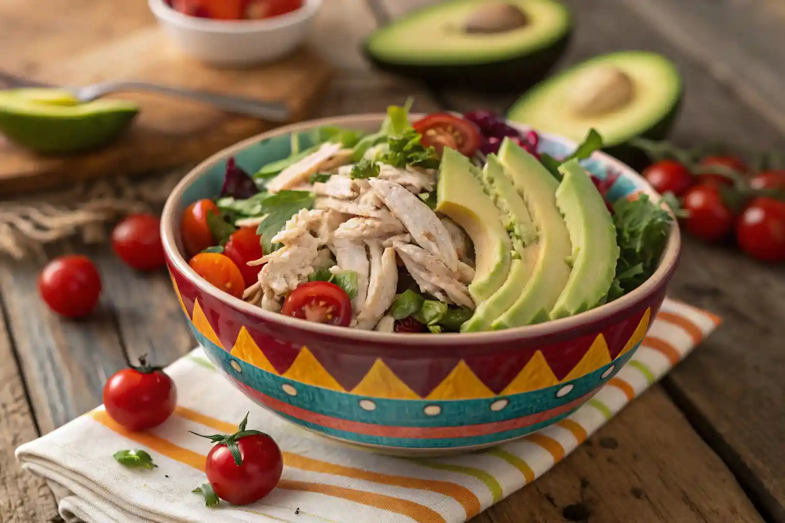 Healthy shredded chicken salad with avocado and cherry tomatoes