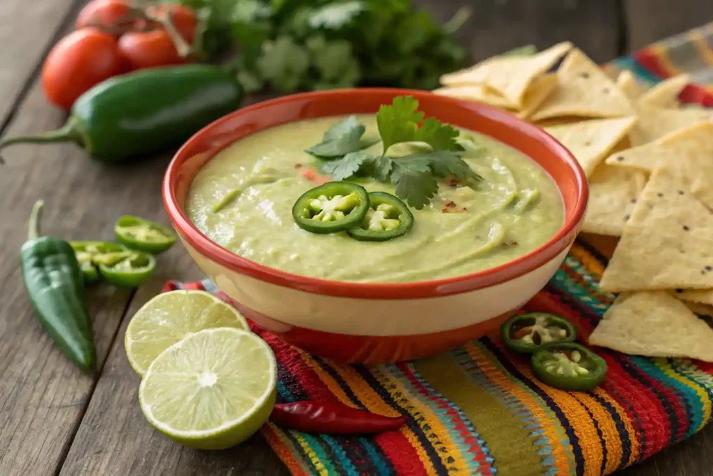 Homemade green taco sauce garnished with cilantro and lime.