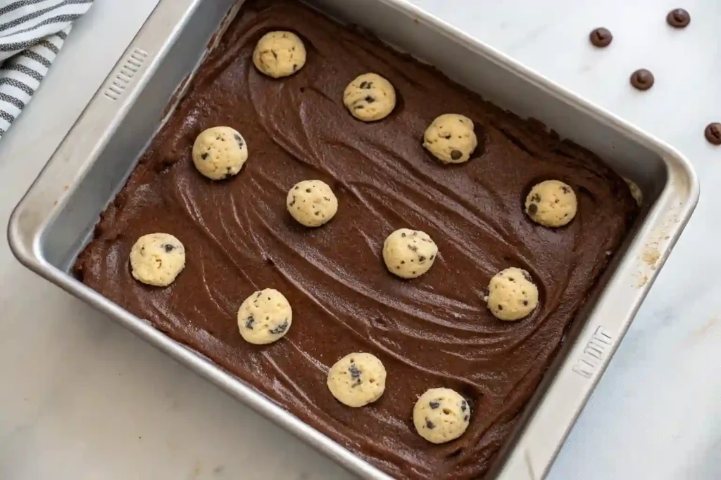 A Brookie ready for baking, with brownie batter and cookie dough layered in a baking pan